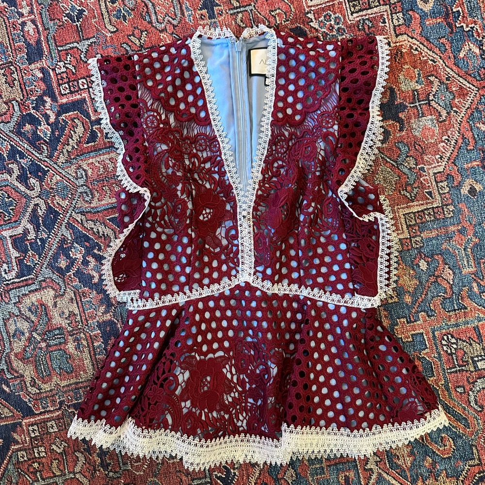 ALEXIS Peplum Lace Paneled Corded Top Burgundy